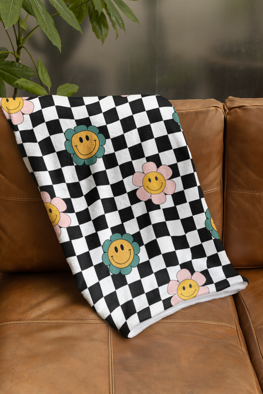 Velveteen Plush Blanket with Retro Checkerboard and Smiley Flowers Design, Funky Cool Home Decor, Teen Dorm Room, Colorful Throw Blanket